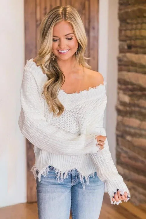 Frayed Hem Dropped Shoulder Sweater (10 Colors)