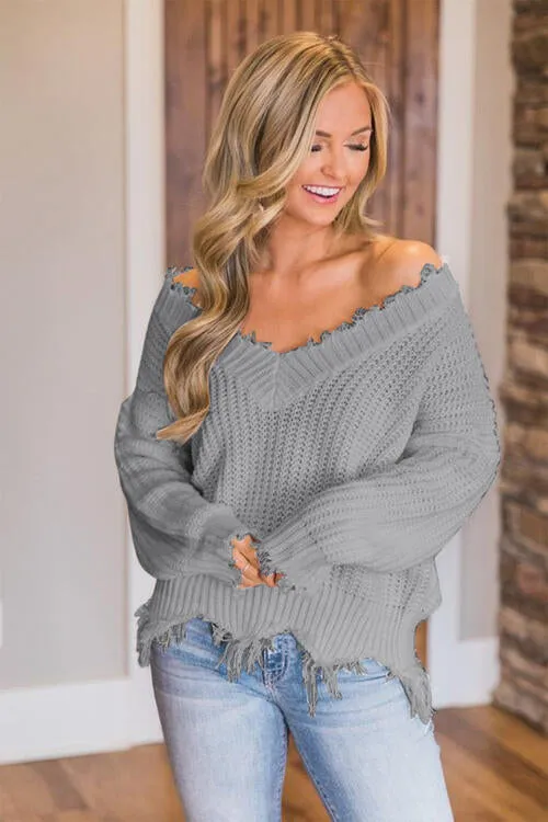 Frayed Hem Dropped Shoulder Sweater (10 Colors)