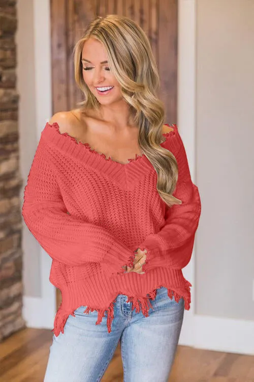 Frayed Hem Dropped Shoulder Sweater (10 Colors)