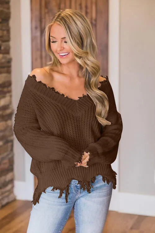Frayed Hem Dropped Shoulder Sweater (10 Colors)