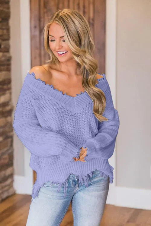 Frayed Hem Dropped Shoulder Sweater (10 Colors)