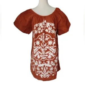 FREE PEOPLE Fiona Deep Ocre Orange Embroidered Oversized Mini Shift Dress M