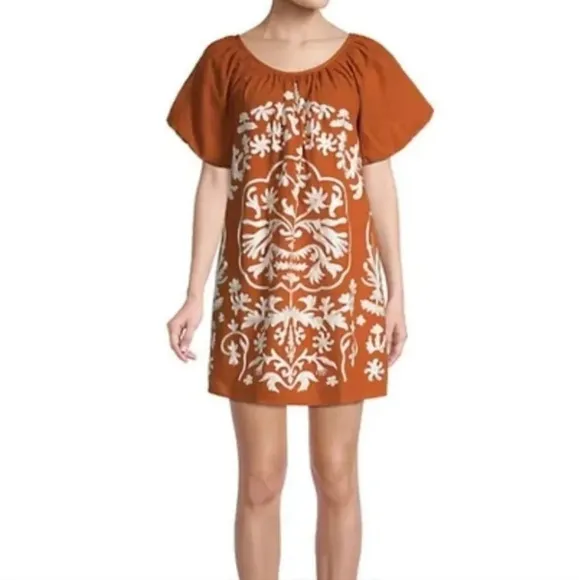 FREE PEOPLE Fiona Deep Ocre Orange Embroidered Oversized Mini Shift Dress M