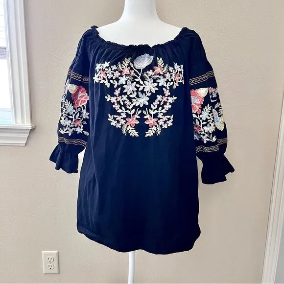 Free people floral embroidered black dress off-the-shoulder Colorful Size Medium