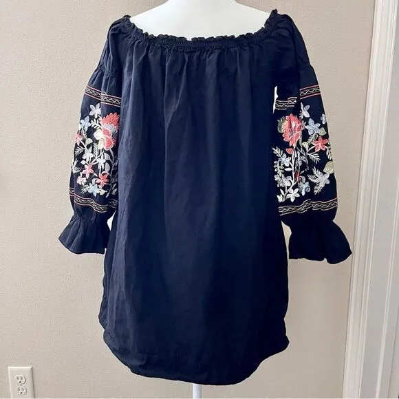 Free people floral embroidered black dress off-the-shoulder Colorful Size Medium