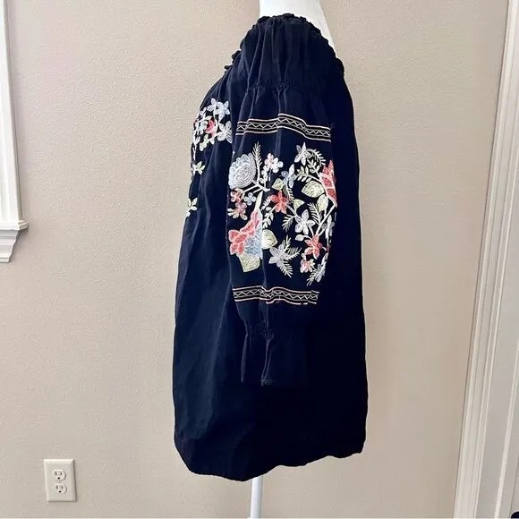 Free people floral embroidered black dress off-the-shoulder Colorful Size Medium