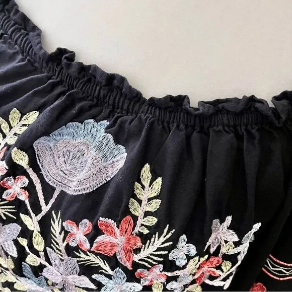 Free people floral embroidered black dress off-the-shoulder Colorful Size Medium