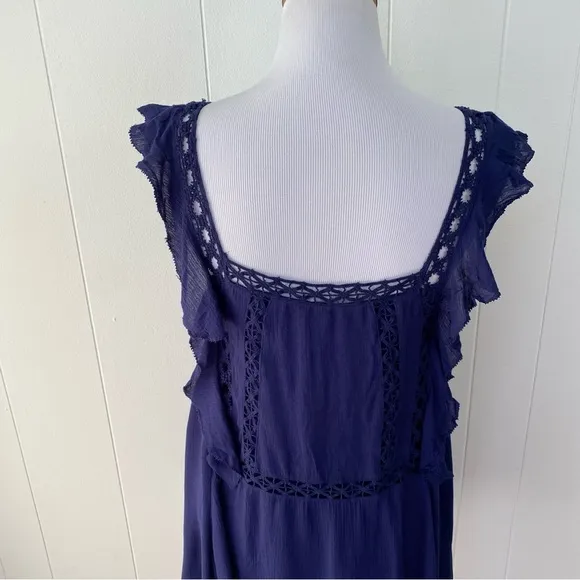 Free People Priscilla Ruffled Crochet Women Mini Shift Dress Sz XS Navy Boho