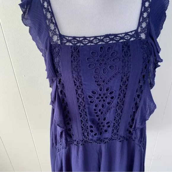 Free People Priscilla Ruffled Crochet Women Mini Shift Dress Sz XS Navy Boho