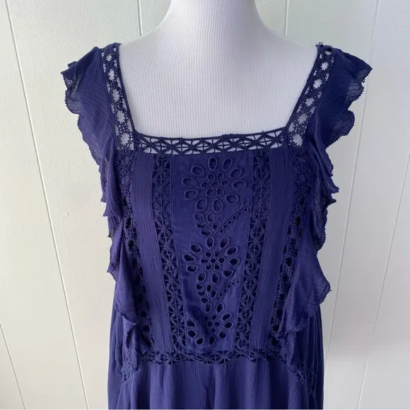 Free People Priscilla Ruffled Crochet Women Mini Shift Dress Sz XS Navy Boho