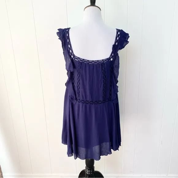 Free People Priscilla Ruffled Crochet Women Mini Shift Dress Sz XS Navy Boho