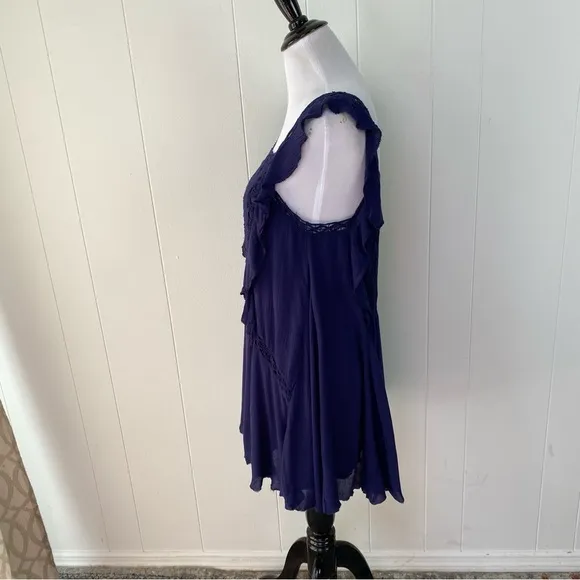 Free People Priscilla Ruffled Crochet Women Mini Shift Dress Sz XS Navy Boho