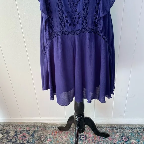 Free People Priscilla Ruffled Crochet Women Mini Shift Dress Sz XS Navy Boho