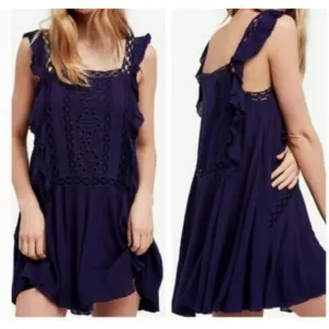 Free People Priscilla Ruffled Crochet Women Mini Shift Dress Sz XS Navy Boho