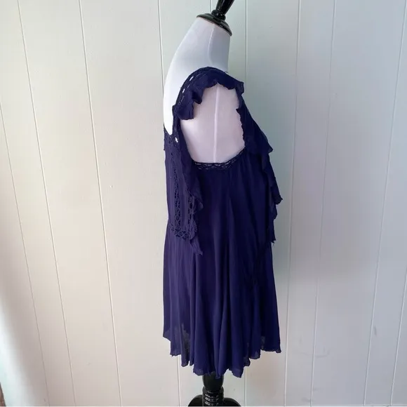 Free People Priscilla Ruffled Crochet Women Mini Shift Dress Sz XS Navy Boho
