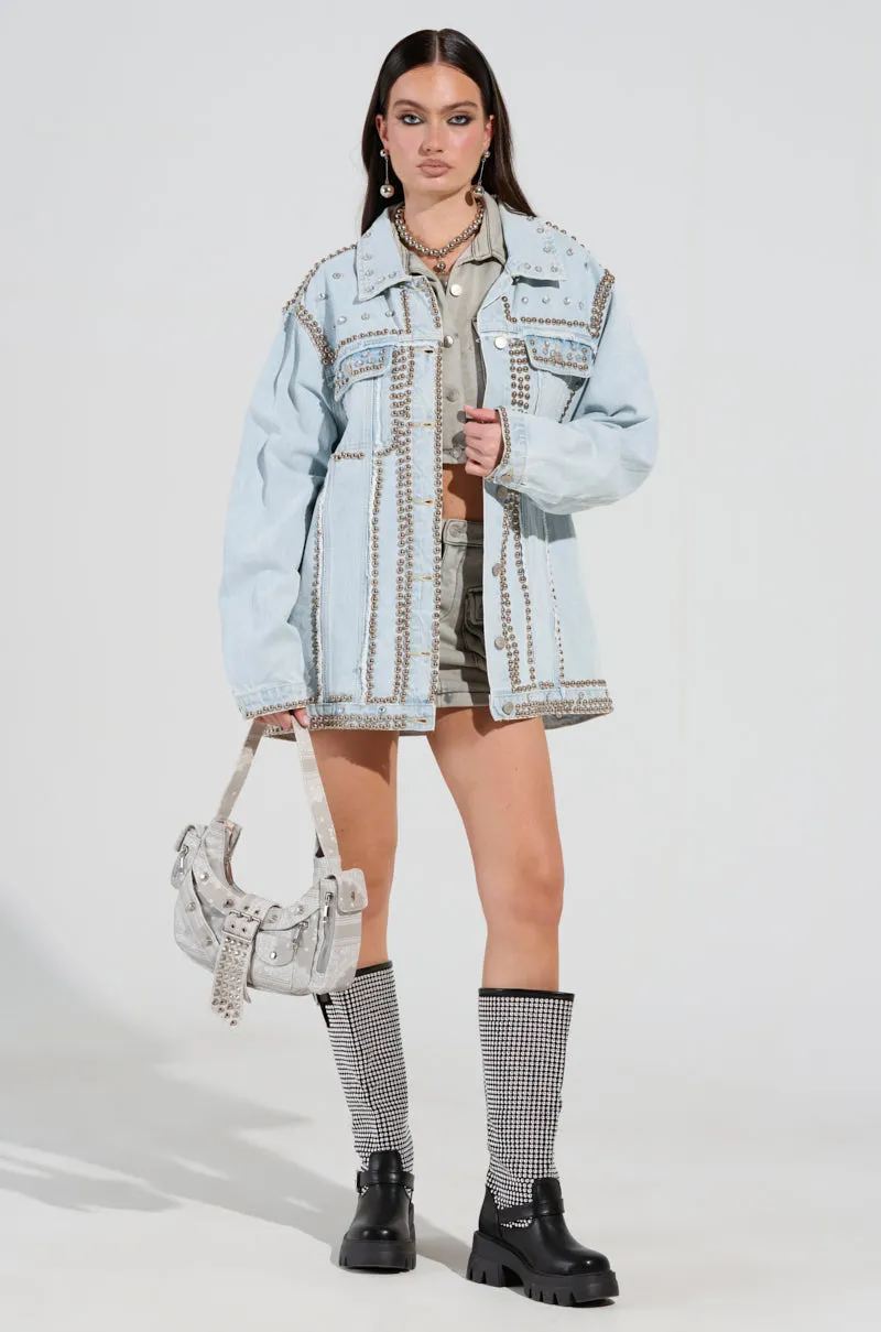 GAME TIME EMBELLISHED LONGLINE DENIM JACKET