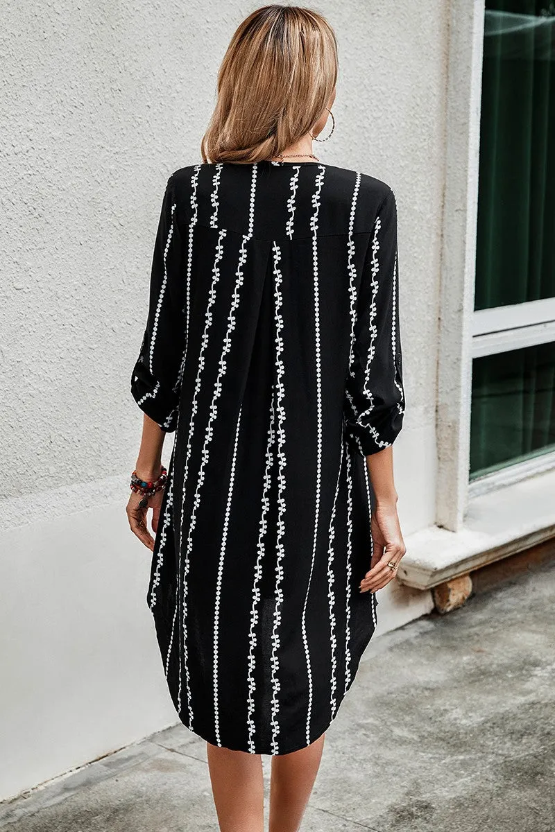Geo Striped Tab Sleeve Tunic Dress