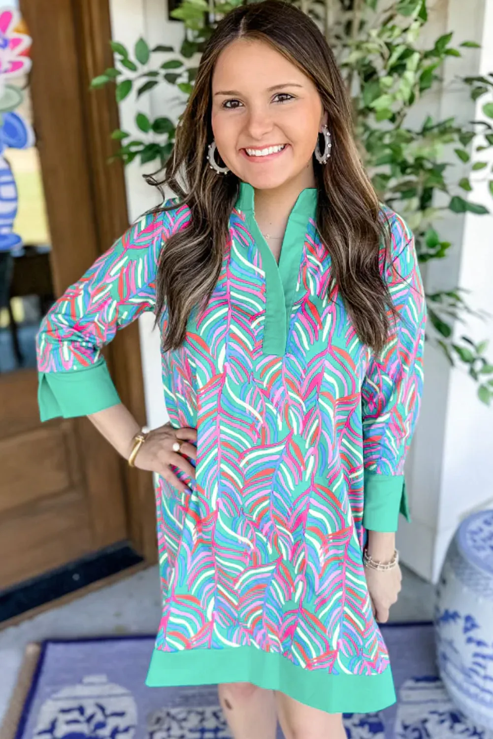 Geometric Print Shift Dress with Split Neck and Bracelet Sleeves