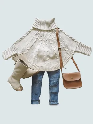 Girls Creme Fall Knit Cotton Turtleneck Cape Sweater