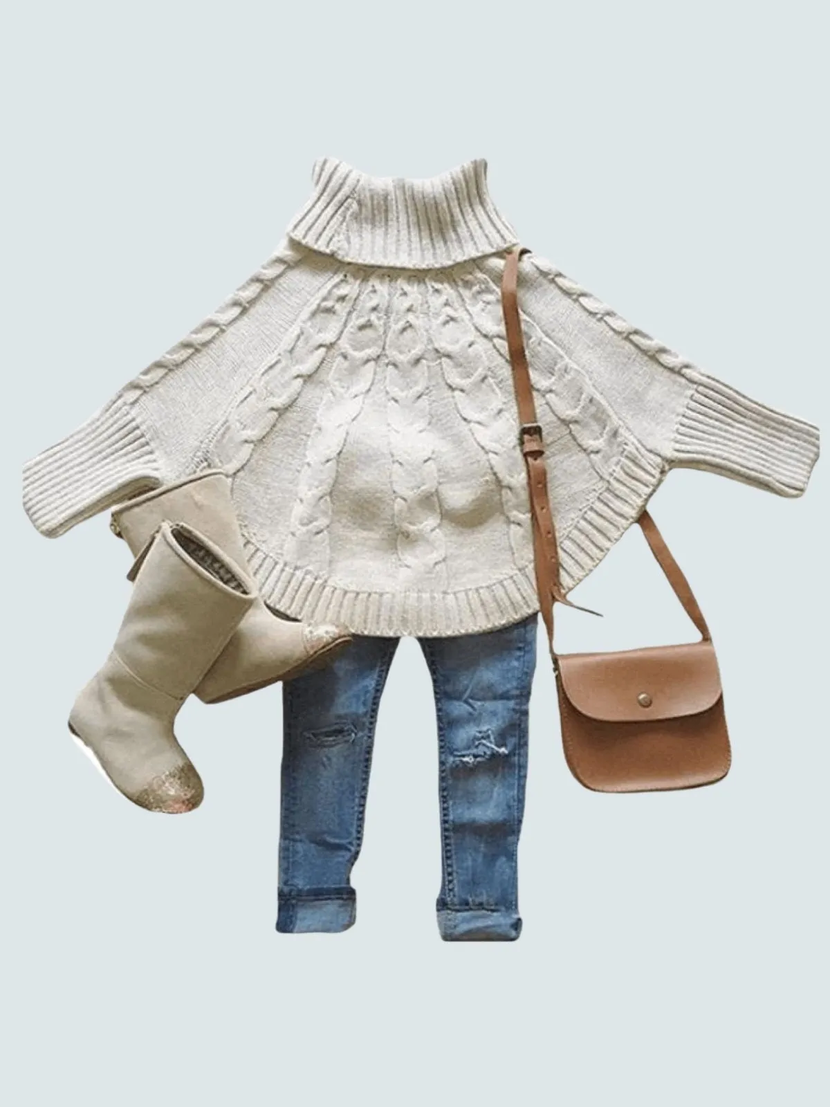 Girls Creme Fall Knit Cotton Turtleneck Cape Sweater