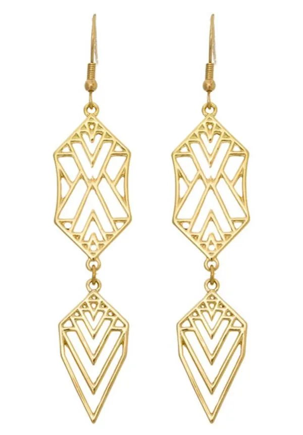 Gold Tone Art Deco Dangling Earrings