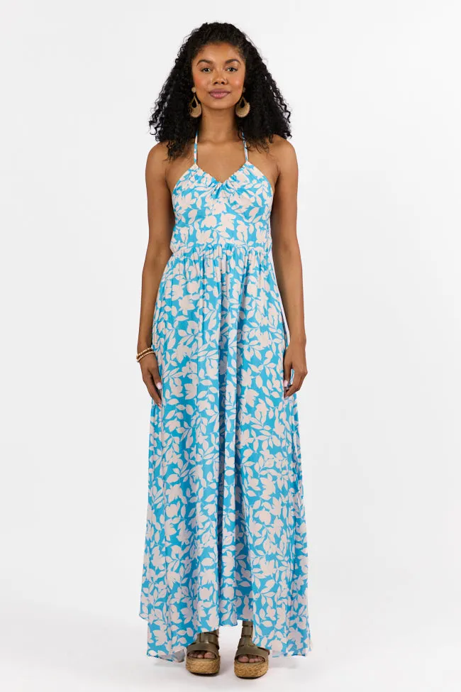 Golden Days Blue Halter Neck Printed Maxi Dress