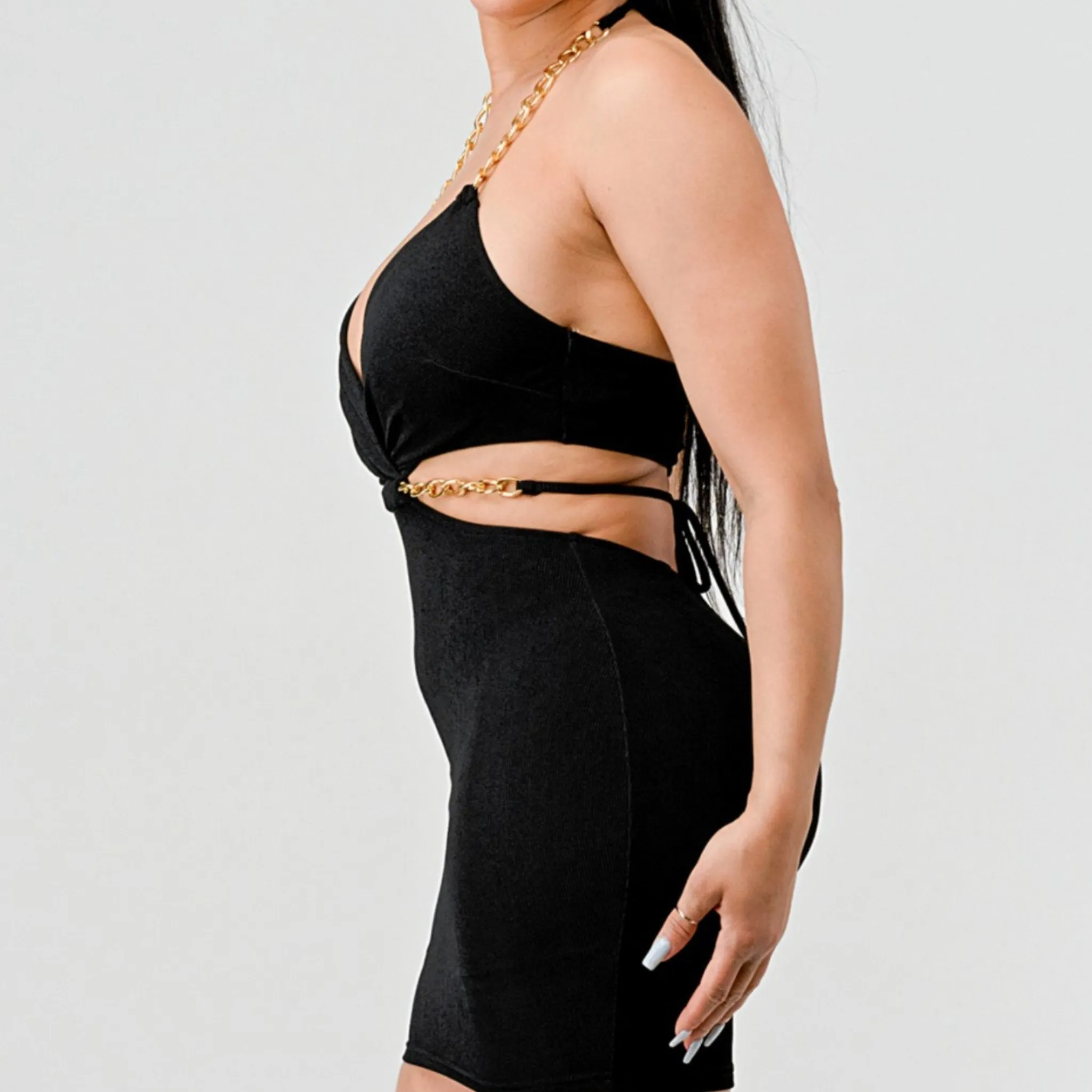 Golden Nights Halter Mini Dress- Black