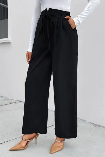 Gretchen High Waist Ruched Tie Front Wide Leg Pants
