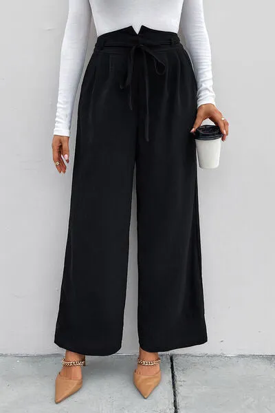 Gretchen High Waist Ruched Tie Front Wide Leg Pants