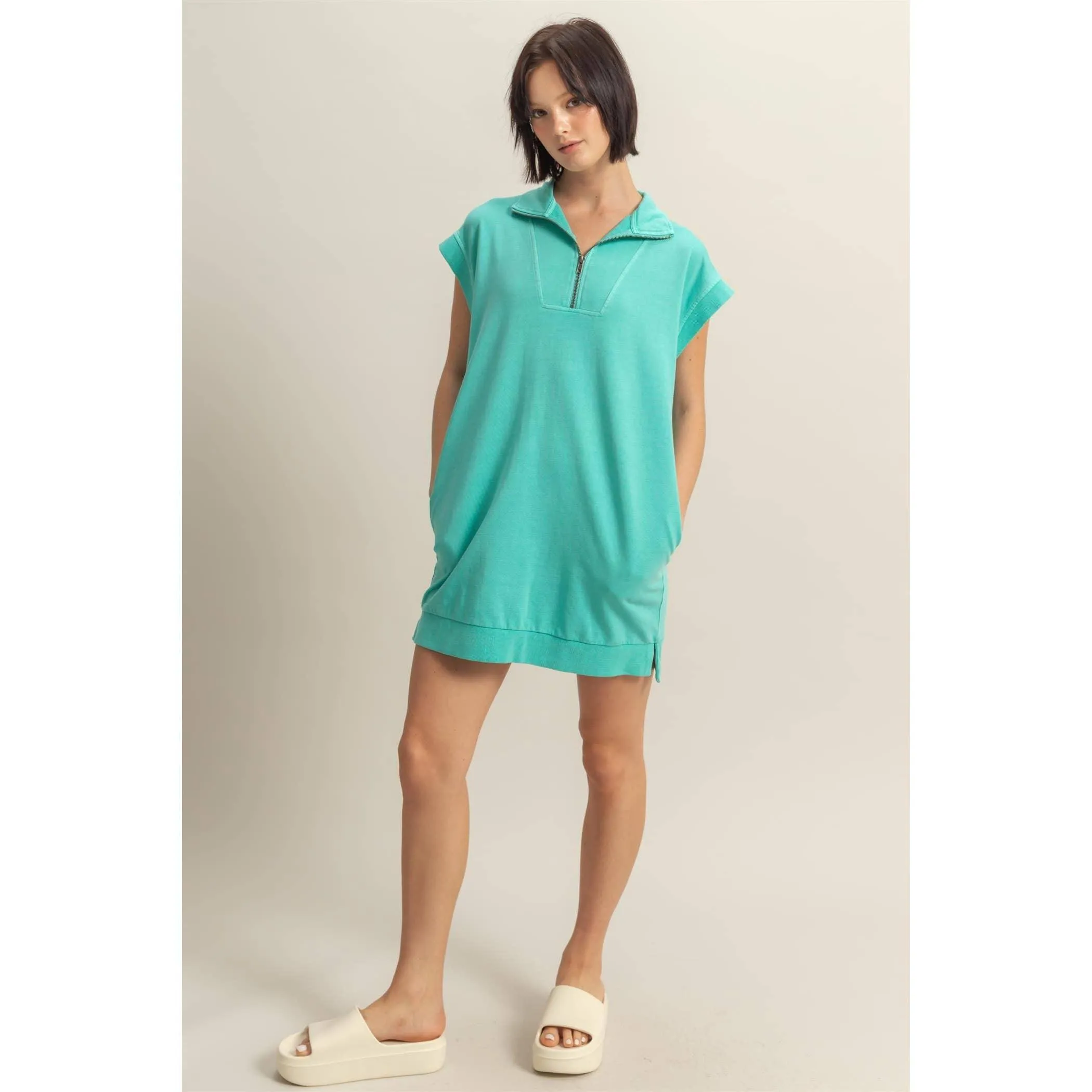 Half Zip Up Mock Neck Mini Dress Sunflower