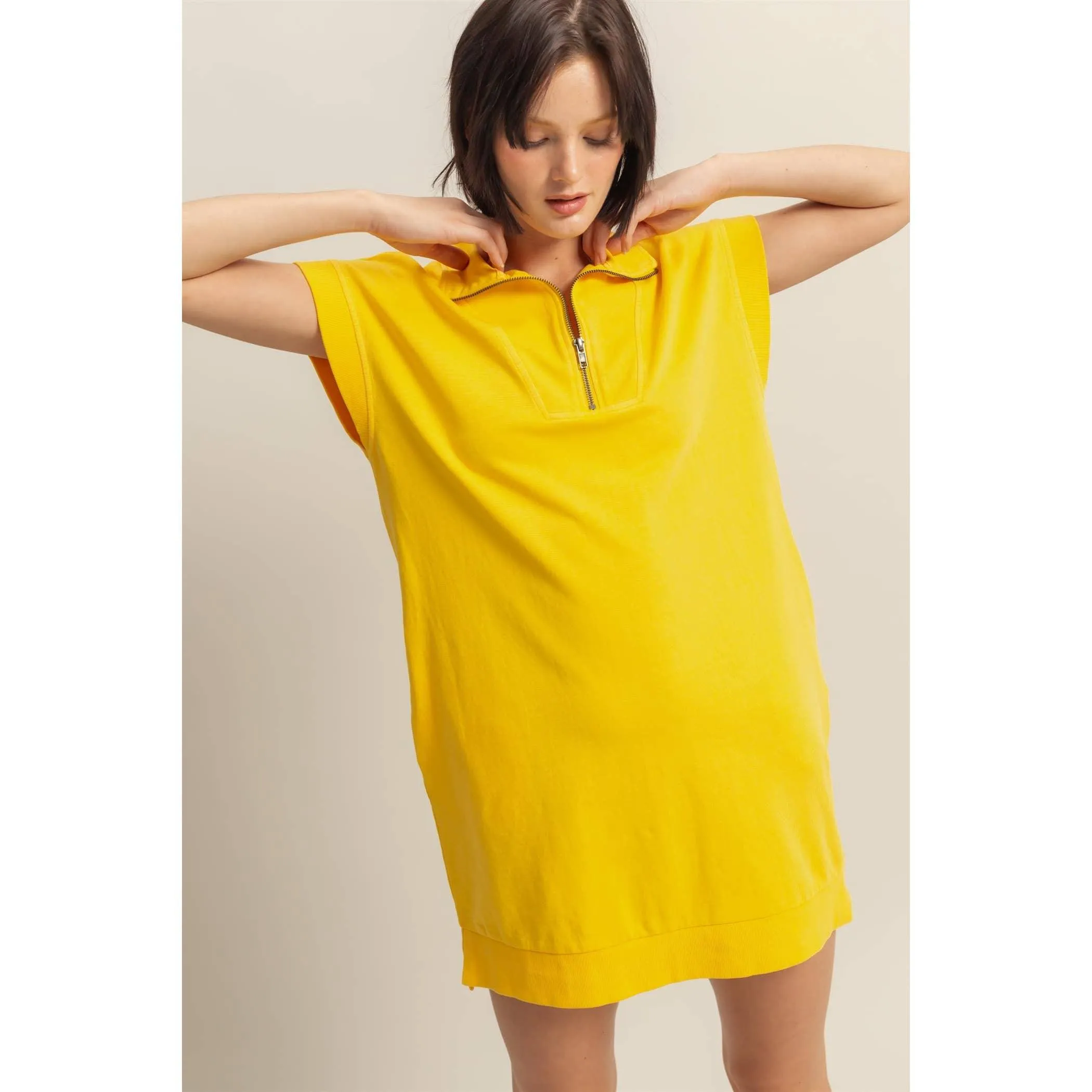 Half Zip Up Mock Neck Mini Dress Sunflower
