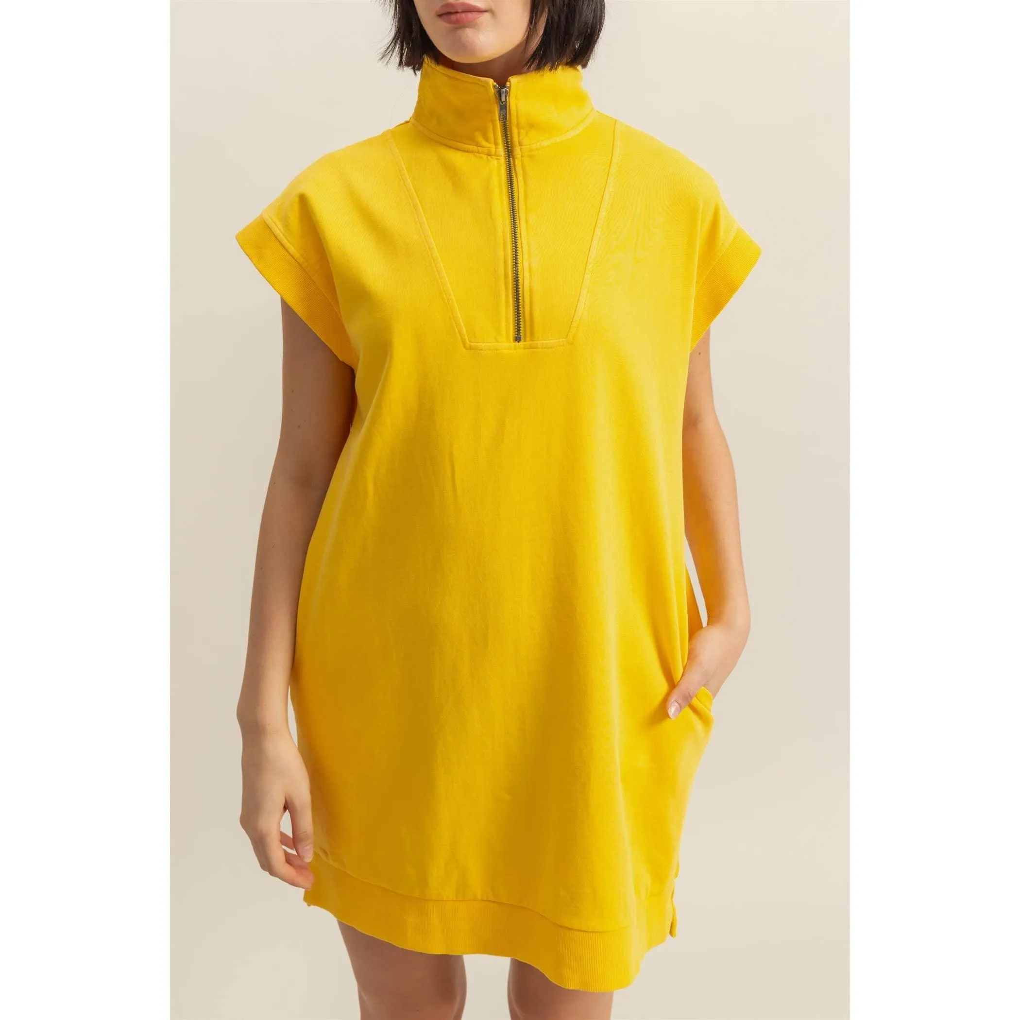 Half Zip Up Mock Neck Mini Dress Sunflower