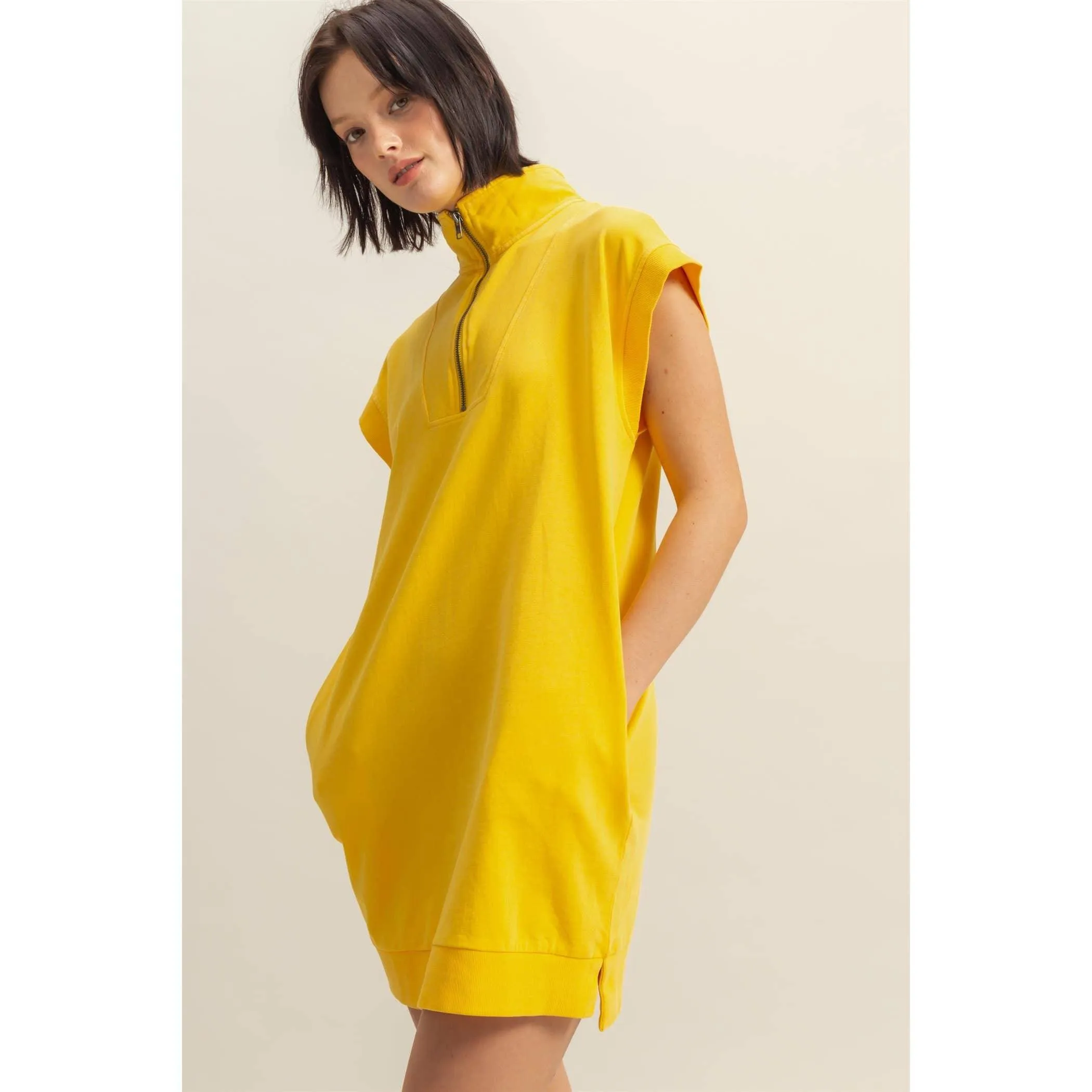 Half Zip Up Mock Neck Mini Dress Sunflower