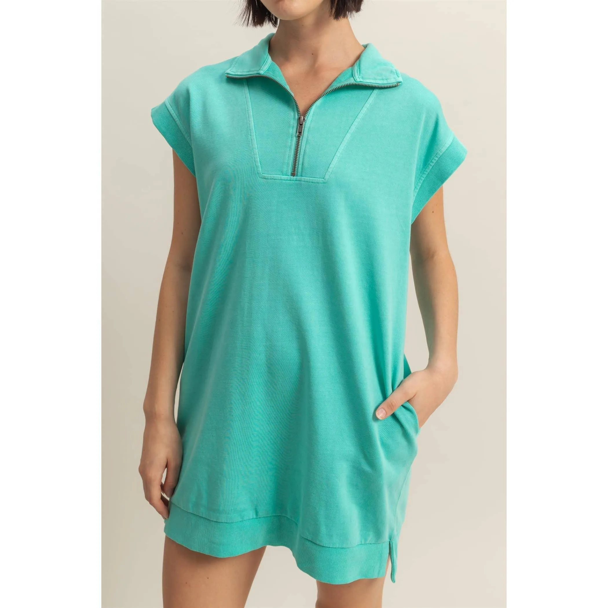 Half Zip Up Mock Neck Mini Dress Sunflower