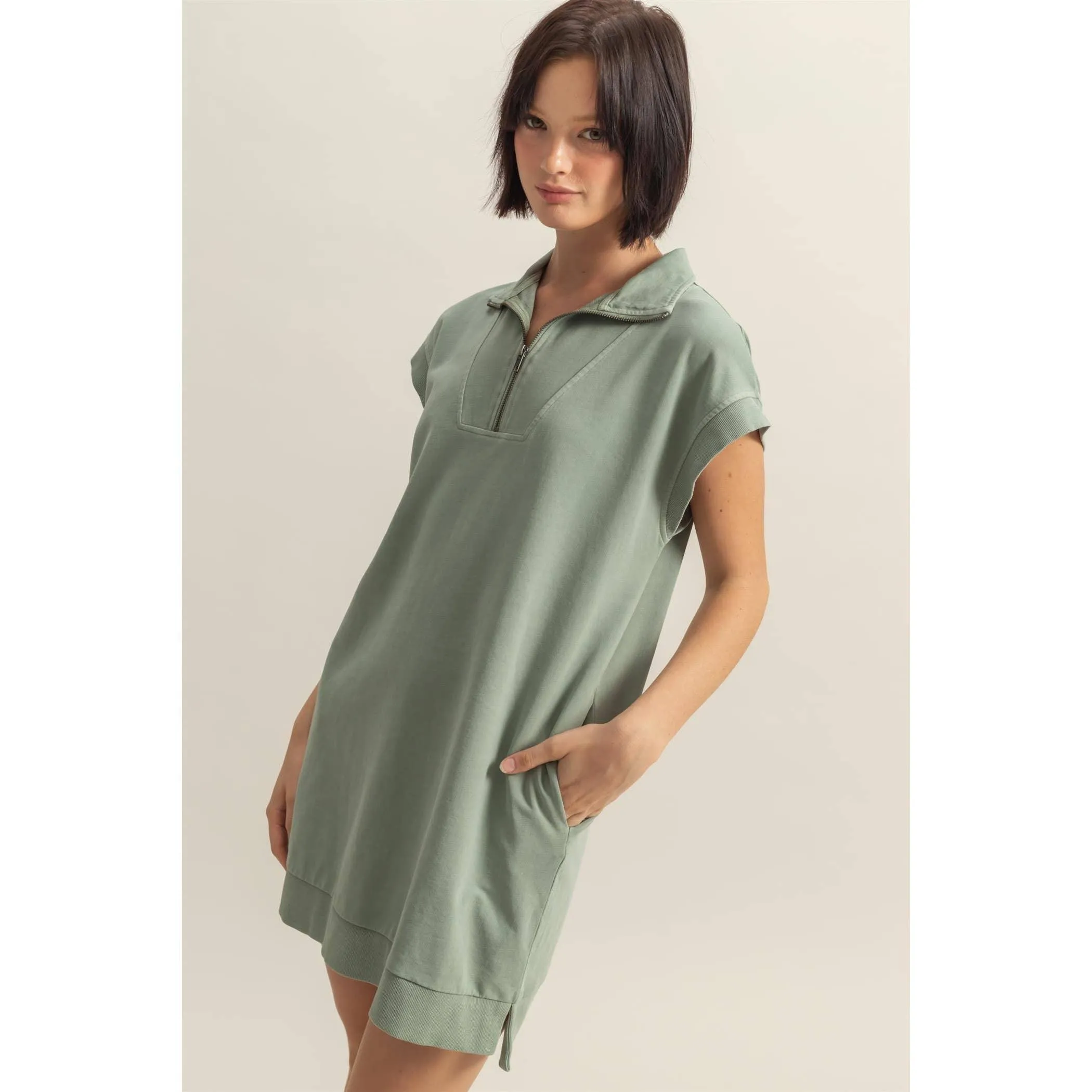 Half Zip Up Mock Neck Mini Dress Sunflower