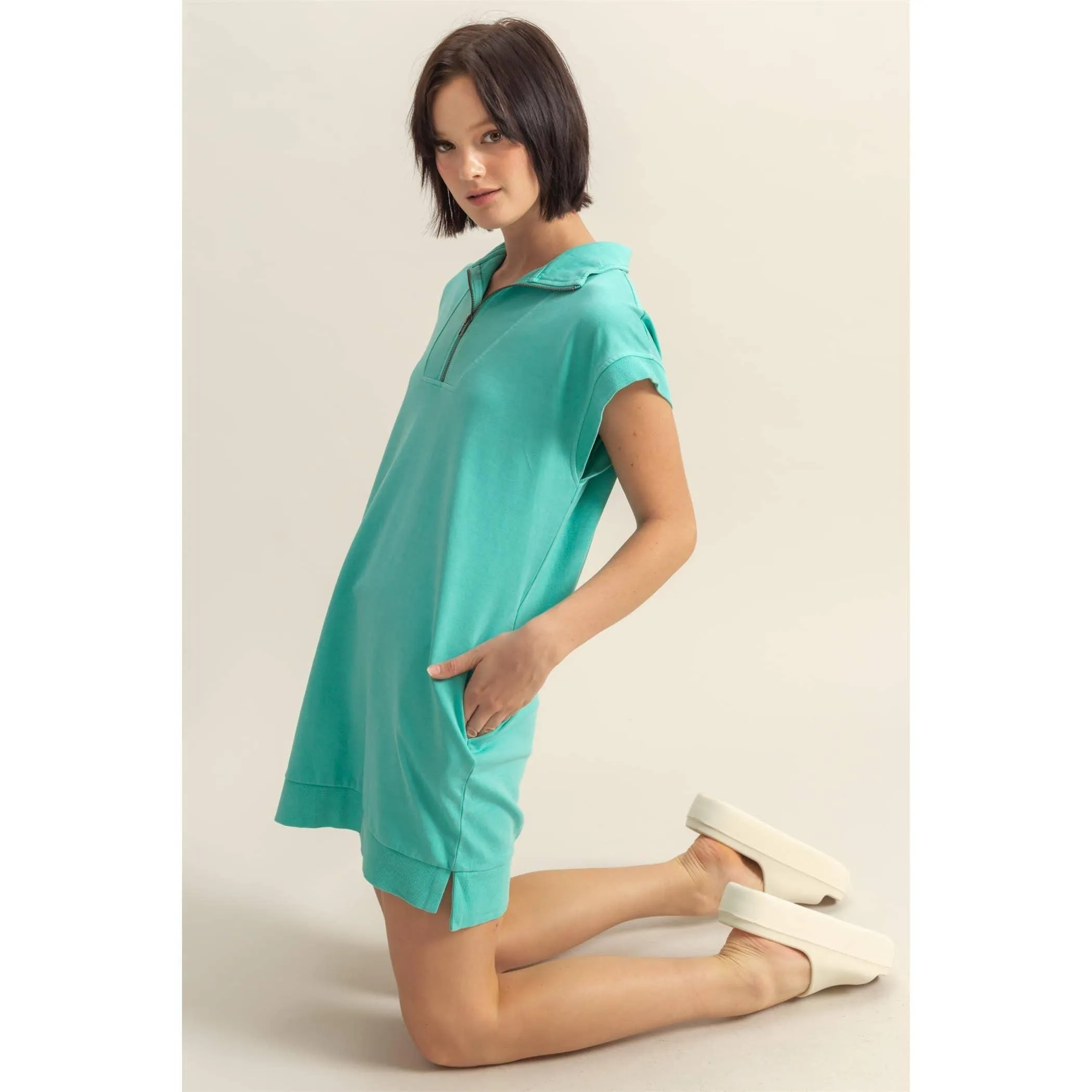 Half Zip Up Mock Neck Mini Dress Sunflower