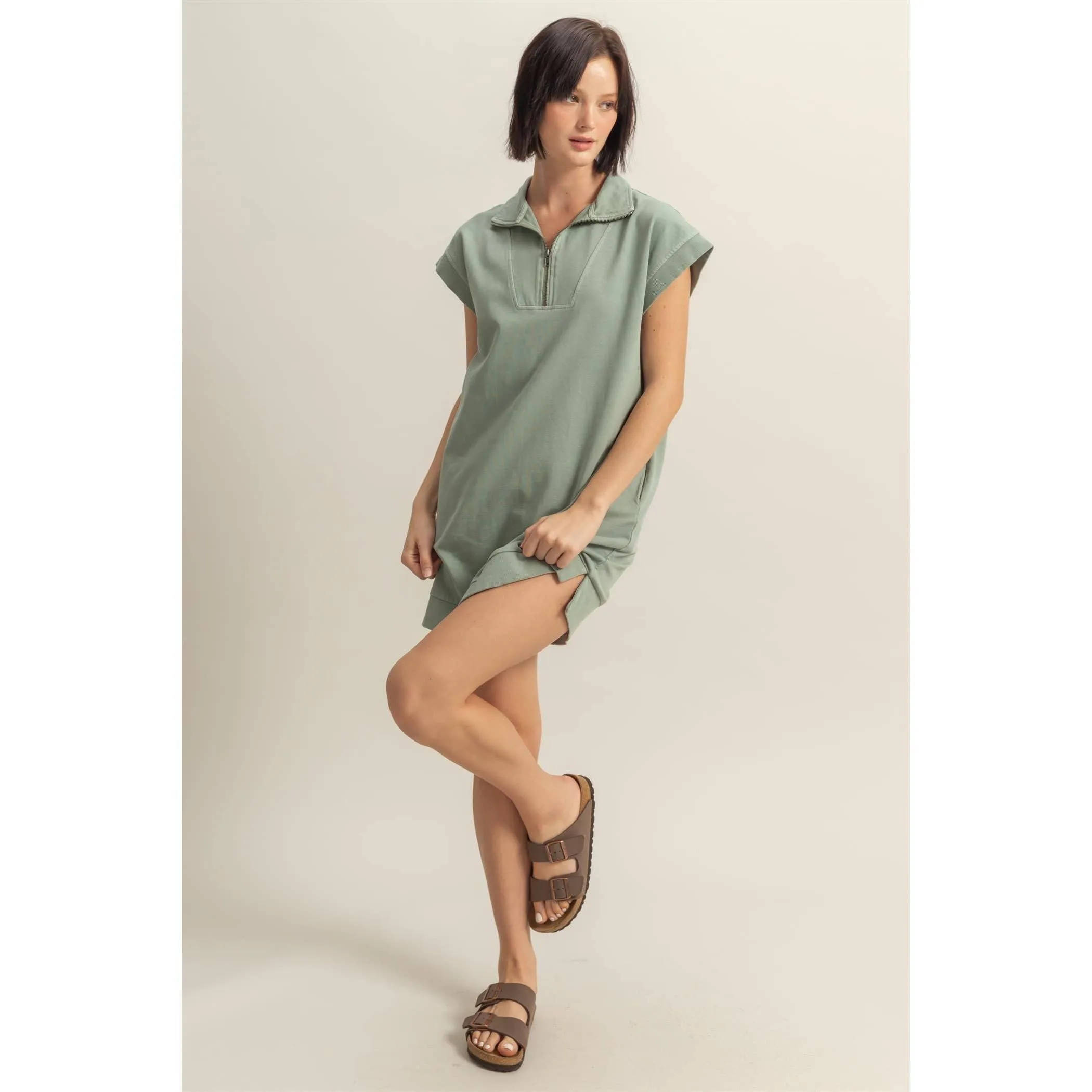 Half Zip Up Mock Neck Mini Dress Sunflower