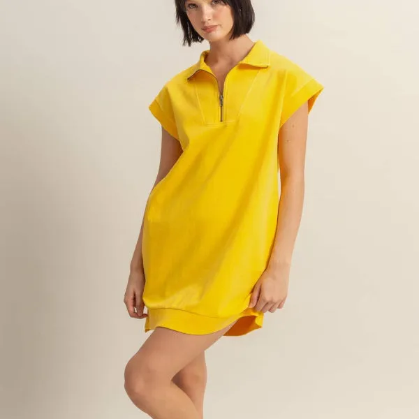 Half Zip Up Mock Neck Mini Dress Sunflower