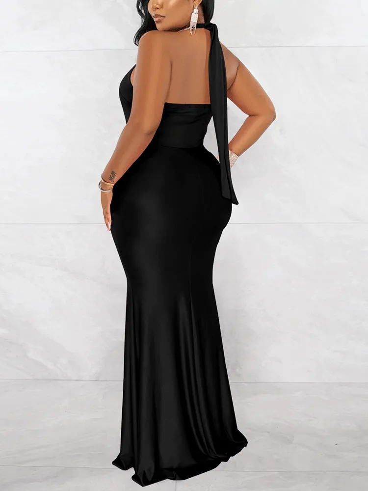 Halter Backless Ruched Maxi Dress