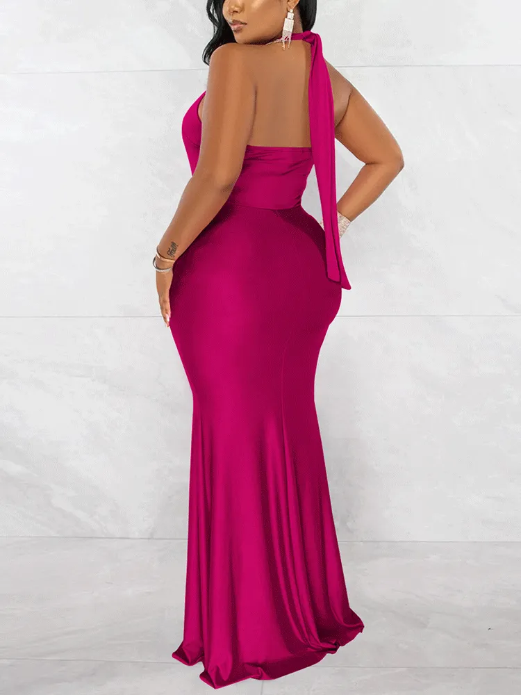 Halter Backless Ruched Maxi Dress