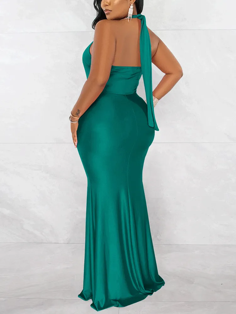 Halter Backless Ruched Maxi Dress