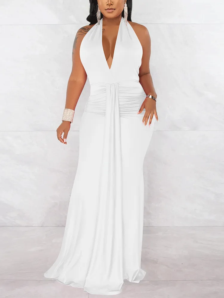 Halter Backless Ruched Maxi Dress