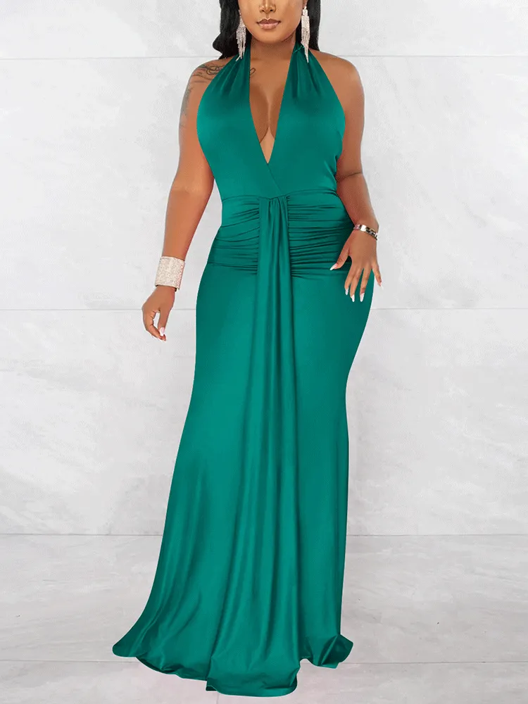 Halter Backless Ruched Maxi Dress