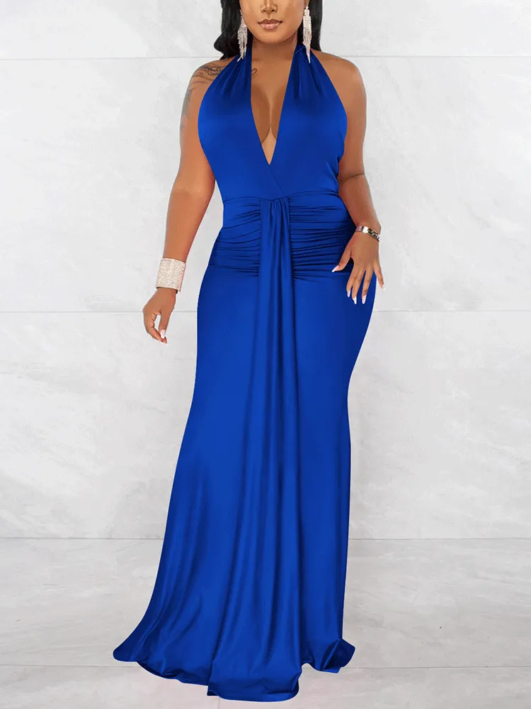 Halter Backless Ruched Maxi Dress