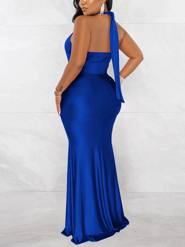 Halter Backless Ruched Maxi Dress
