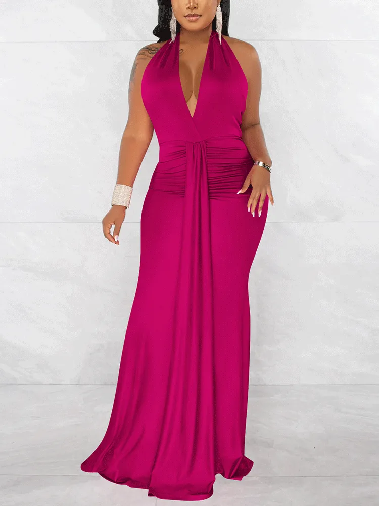 Halter Backless Ruched Maxi Dress