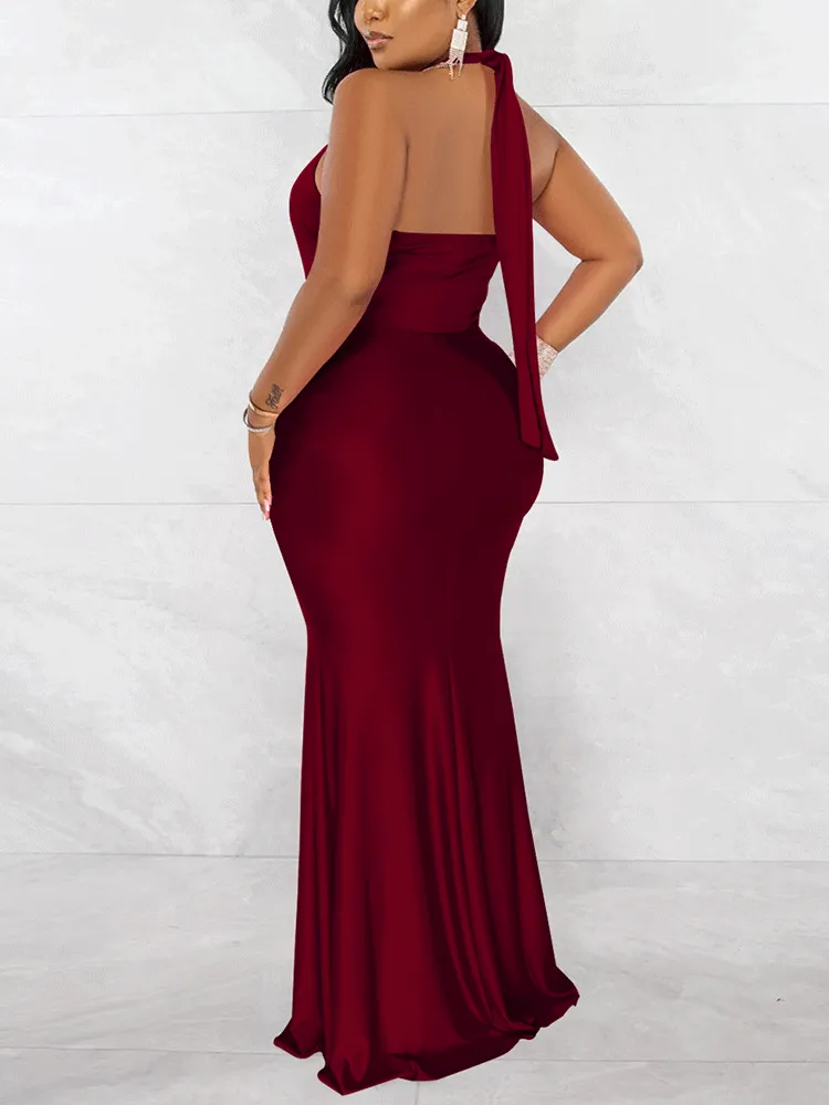 Halter Backless Ruched Maxi Dress