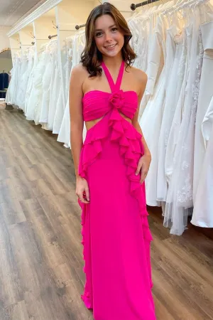 Halter Cut Out Ruffle Long Formal Dresses