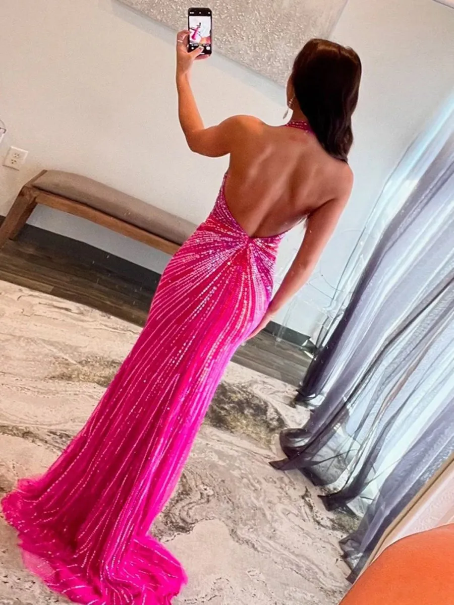 Halter Mermaid Beaded Prom Dresses with Split