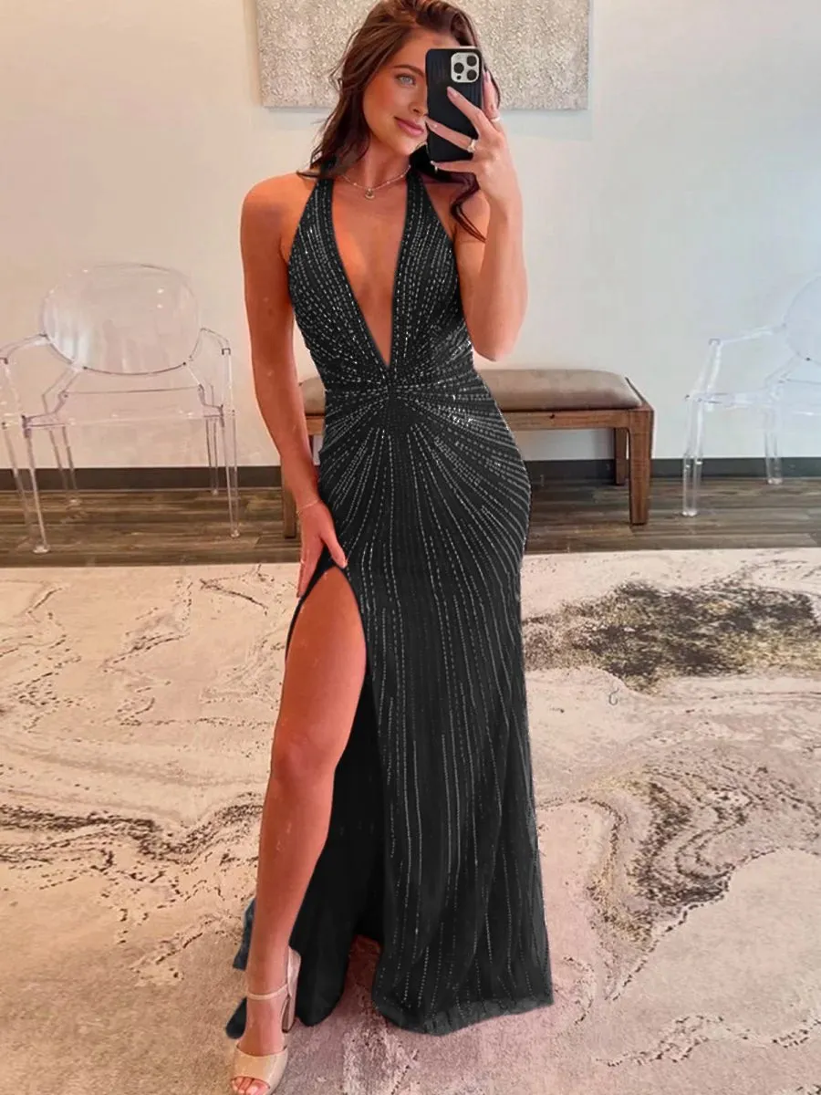 Halter Mermaid Beaded Prom Dresses with Split